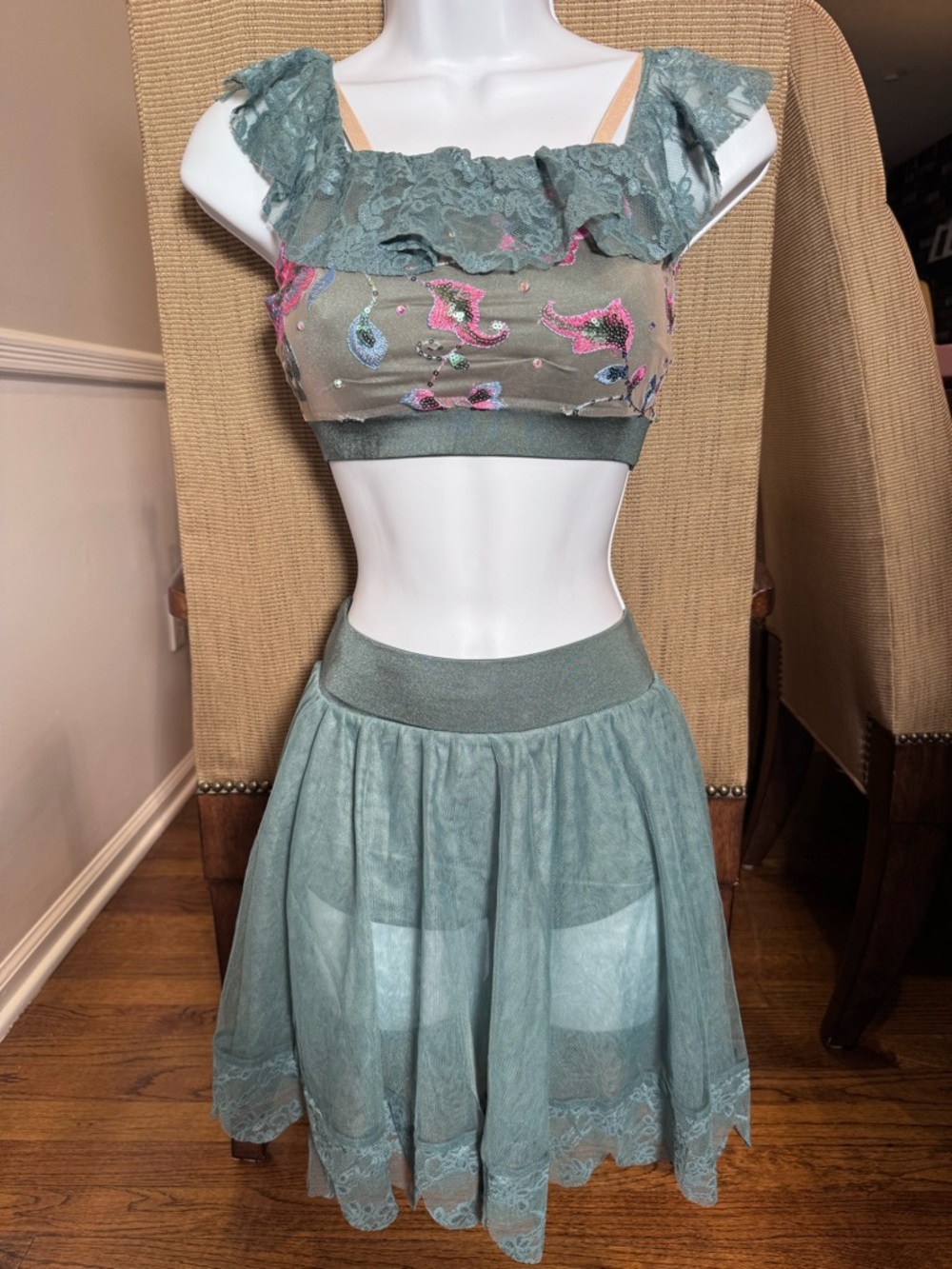 Lace Overlay Sage Green Midi Skirt and Top